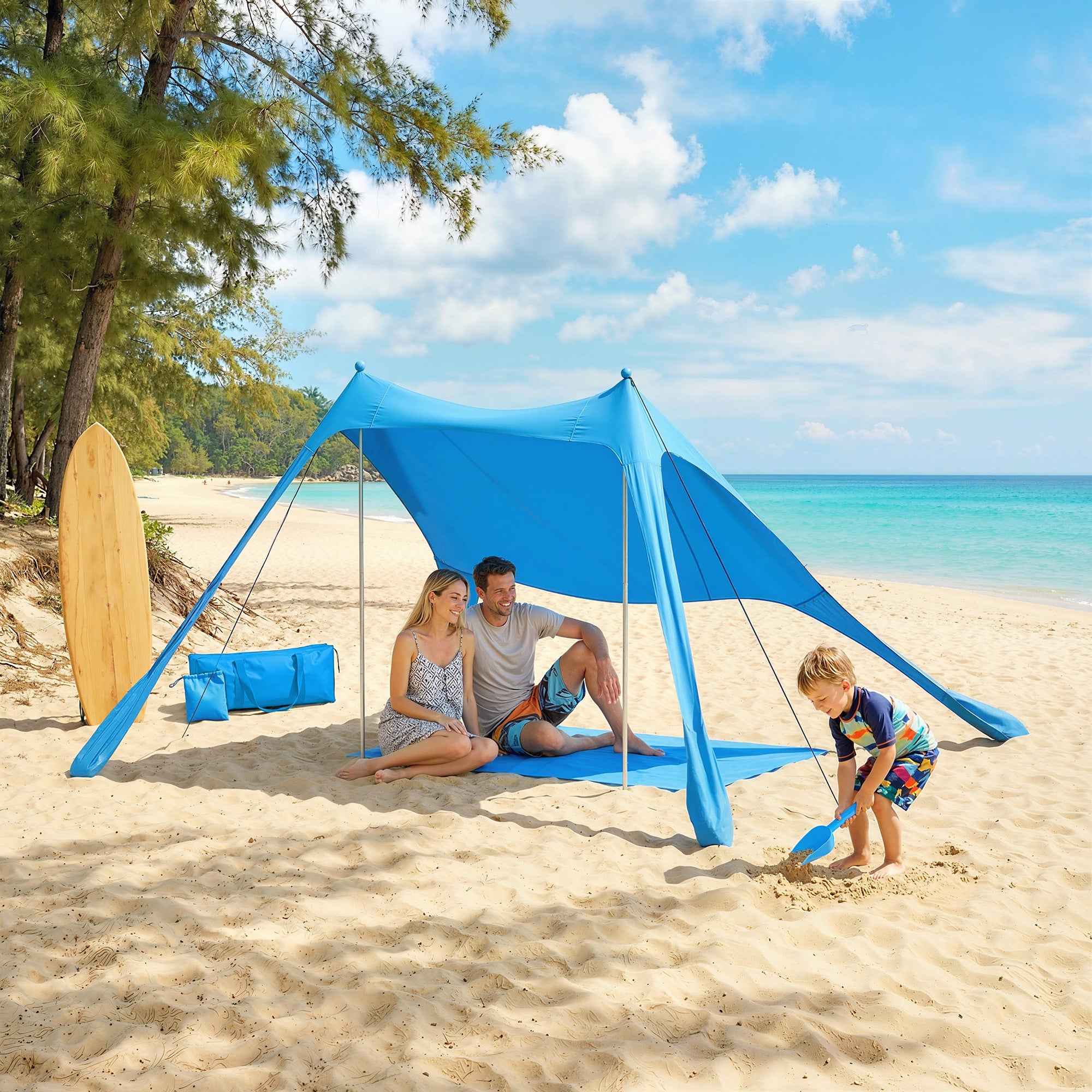 Outsunny Beach Tent 2-4 Person, Mat, Shovel, UPF50+ Sun Protection, Blue
