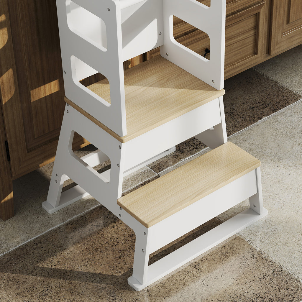 Montessori Tower for Children with Blackboard and Railing, Wooden, 55x52.5x87.5 cm, White and Wood color