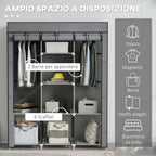 Wardrobe in Non-Woven Fabric and Steel with 8 Shelves and 2 Bars, 125x43x162.5 cm, Charcoal Gray