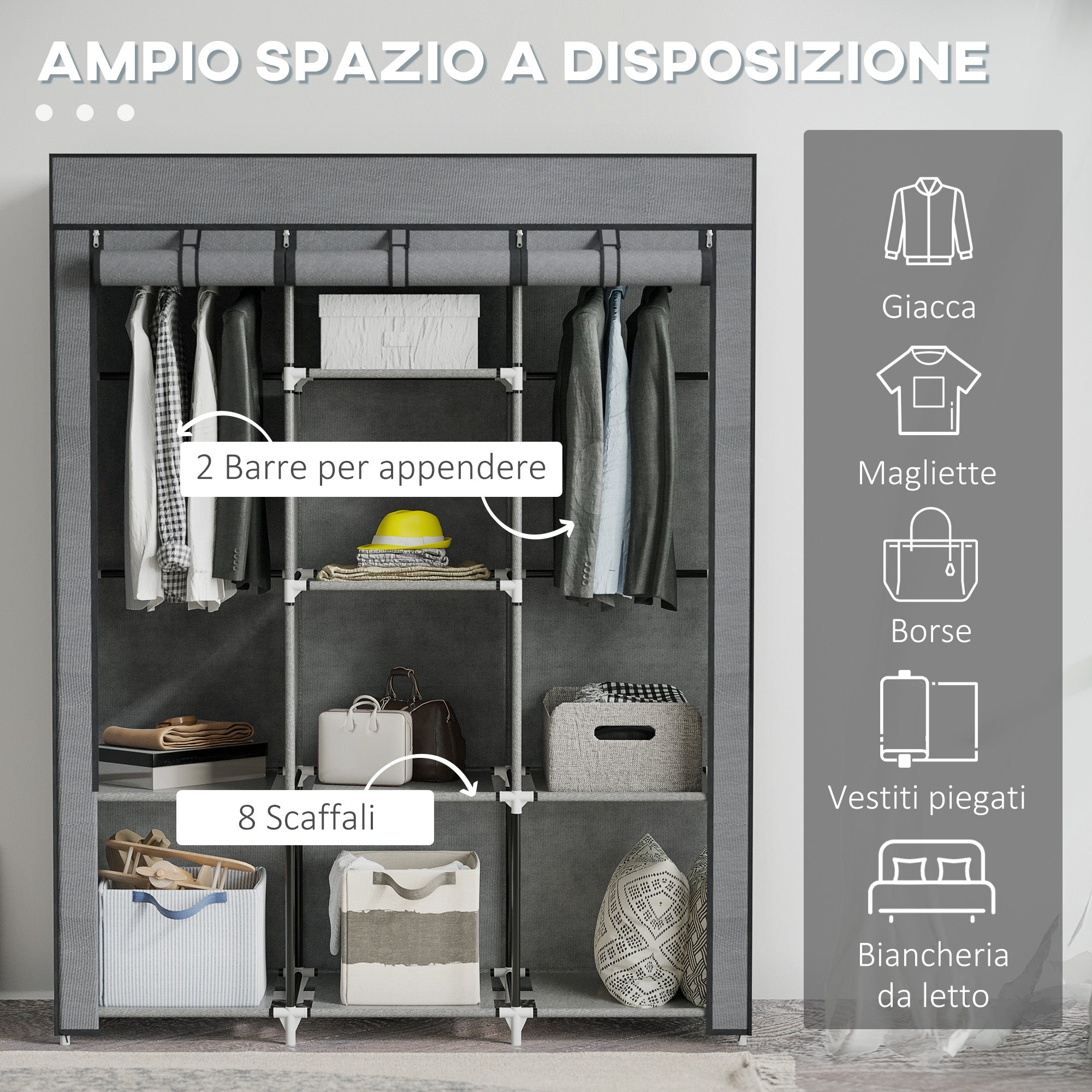 Wardrobe in Non-Woven Fabric and Steel with 8 Shelves and 2 Bars, 125x43x162.5 cm, Charcoal Gray