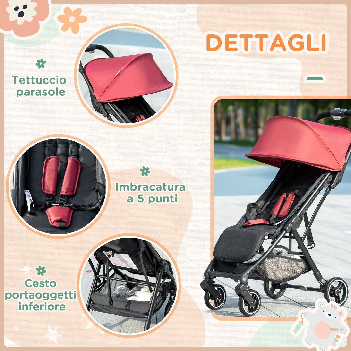 HOMCOM Stroller for Children 0-36 Months with Canopy, Foldable Design and Storage Basket, 128x58x106 cm, Red and Black