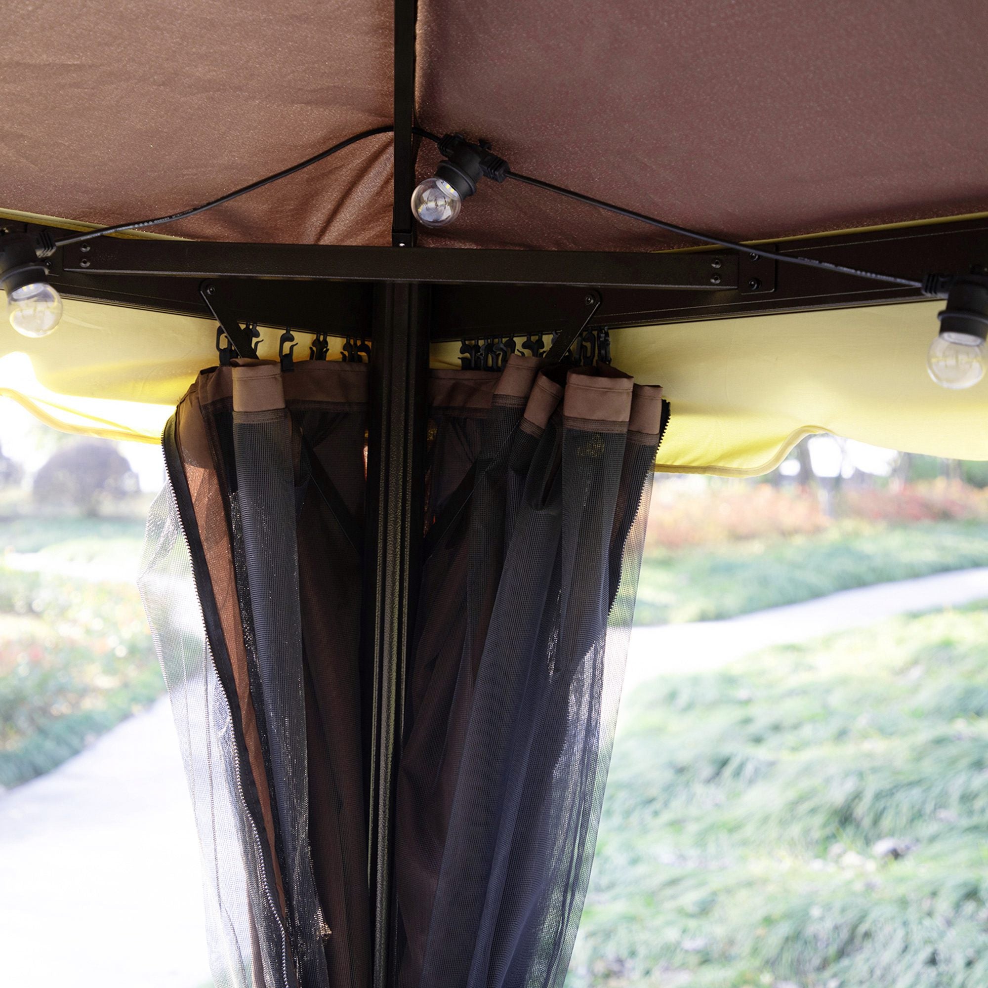 3x4m Garden Gazebo with Double Roof, Mosquito Net and Curtains, Aluminum and Polyester, Coffee Color