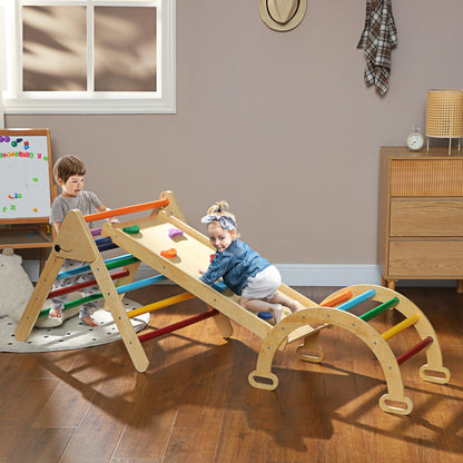 Montessori Children's Climbing Game with Triangle and Arch and Ramp with Pine Wood Stones, 178x64. 5x63 cm