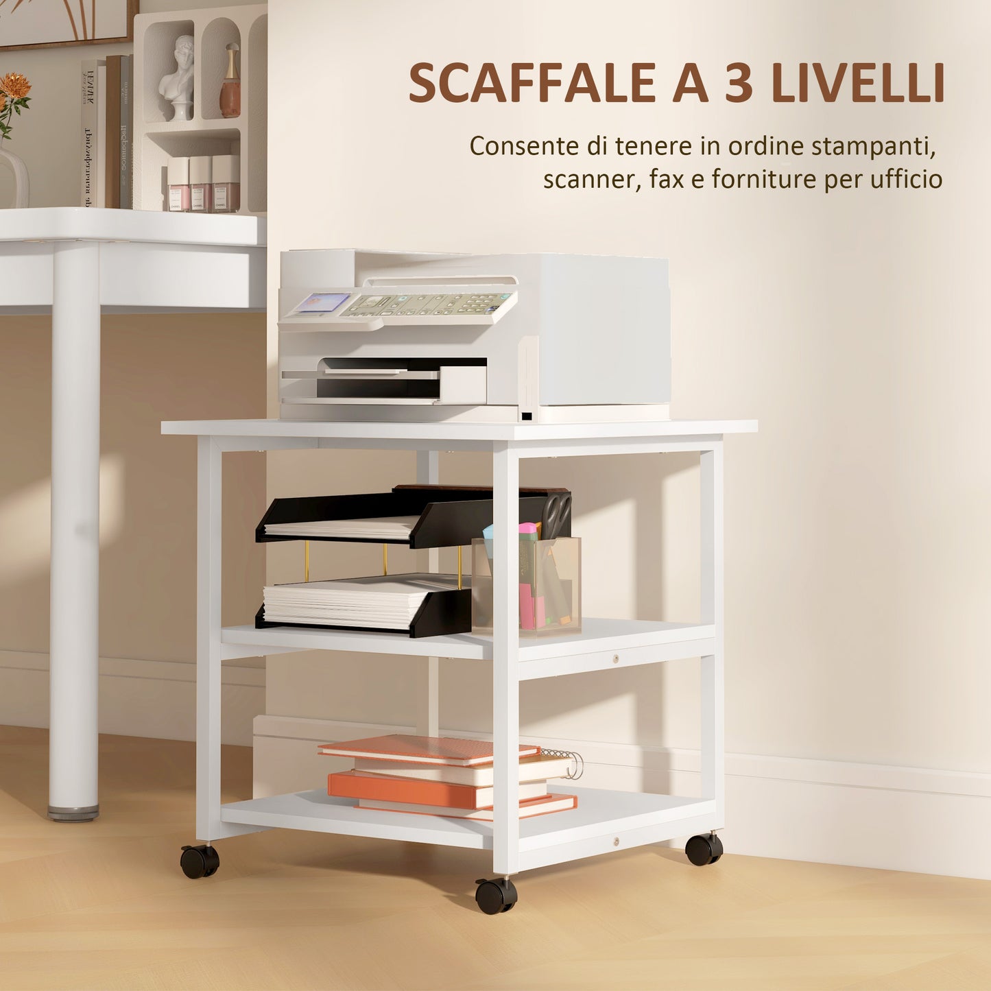 3-Shelf Printer Trolley with 4 Wheels, Wood and Steel, 50x50x52.5cm, White