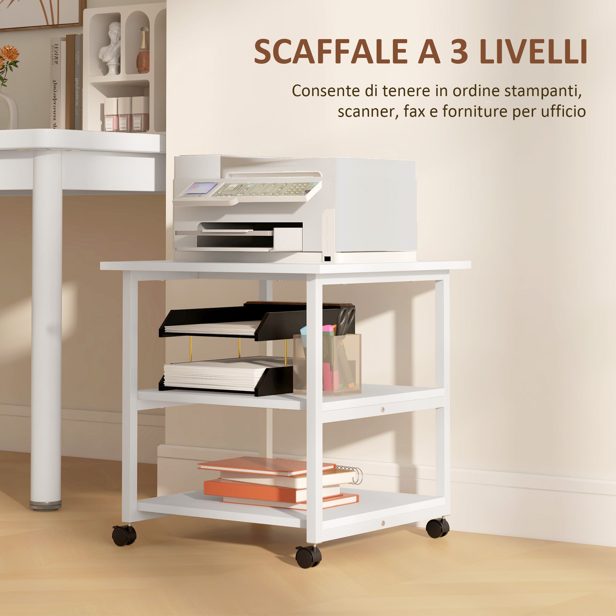 3-Tier Printer Cart with 4 Wheels, Wood and Steel, 50x50x52.5cm, White