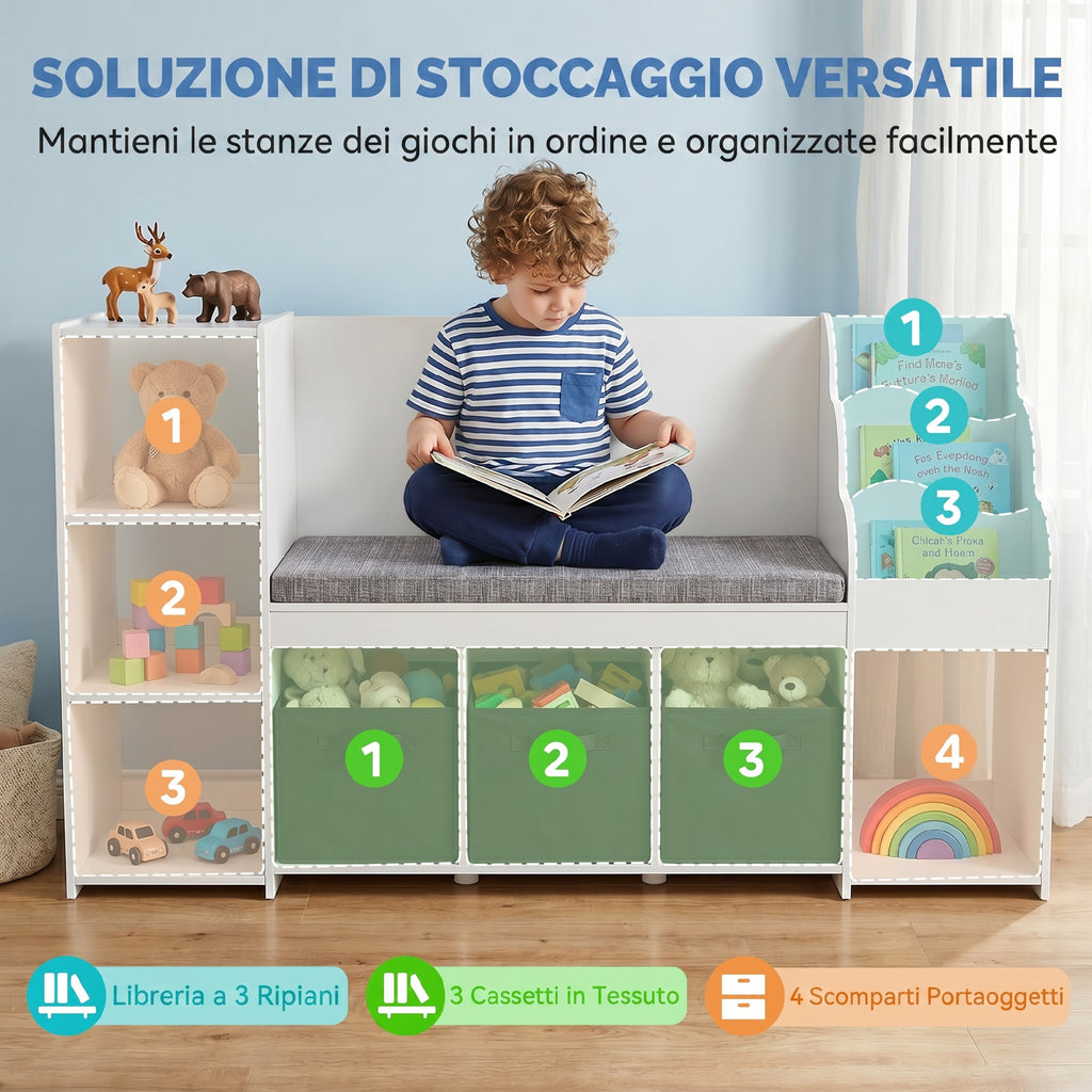 AIYAPLAY Toy Storage Rack for Children Ages 3-8 with 3-Tier Bookshelf, 3 Drawers, 4 Compartments, Cushion, White