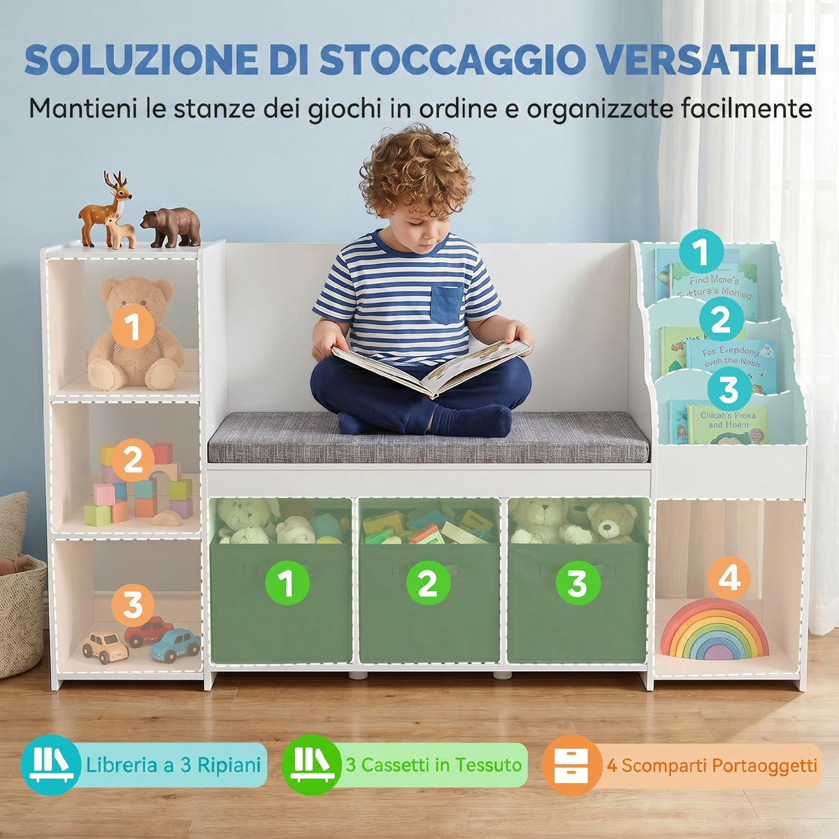 AIYAPLAY Toy Storage Rack for Children Ages 3-8 with 3-Tier Bookshelf, 3 Drawers, 4 Compartments, Cushion, White