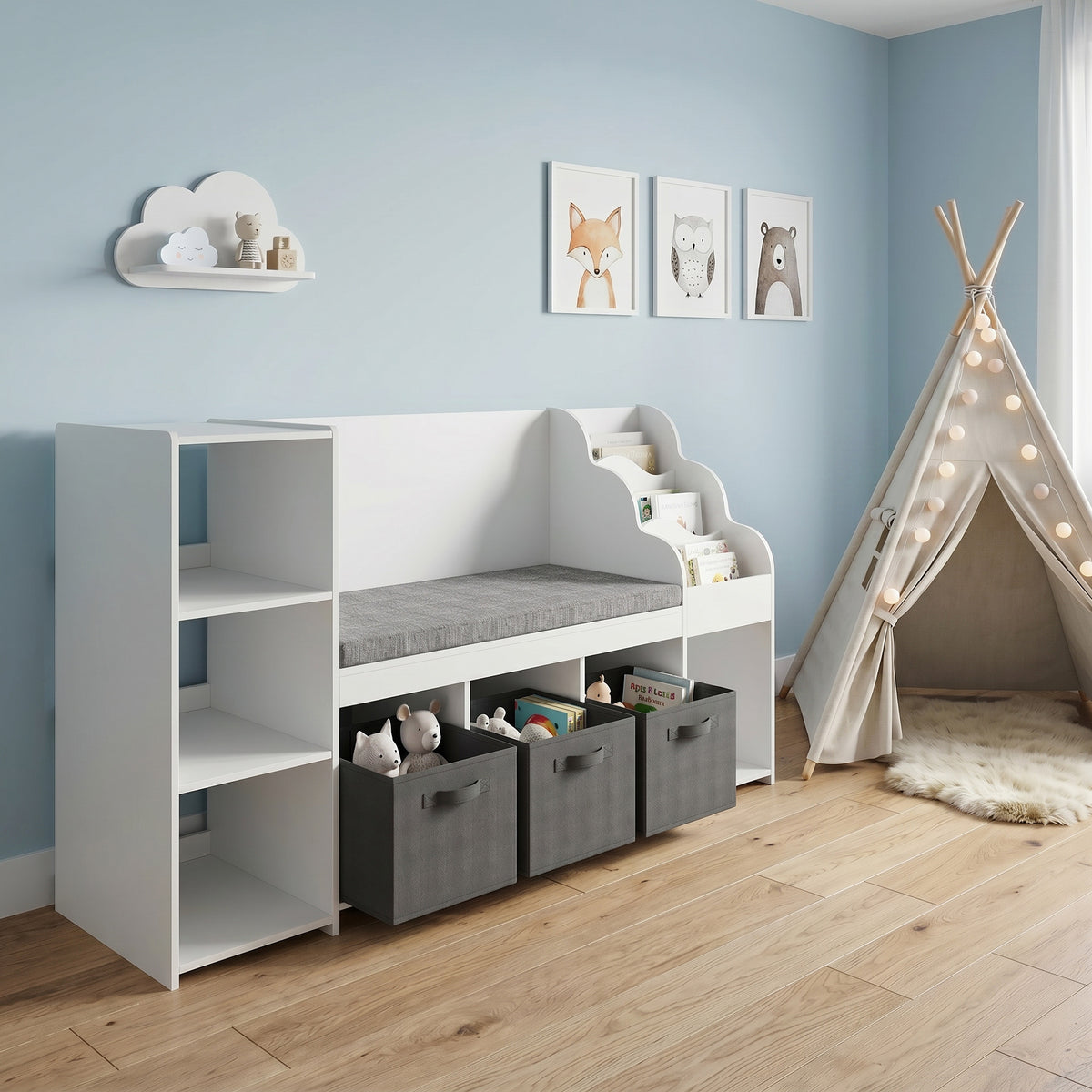 AIYAPLAY Toy Storage Rack for Children Ages 3-8 with 3-Tier Bookshelf, 3 Drawers, 4 Compartments, Cushion, White