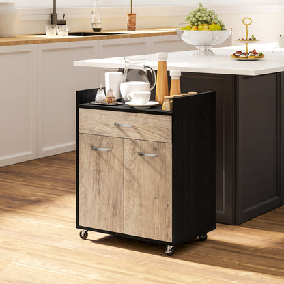 Kitchen Trolley with Drawer, Cabinet and 4 Wooden Wheels, 60x40x77cm, Black