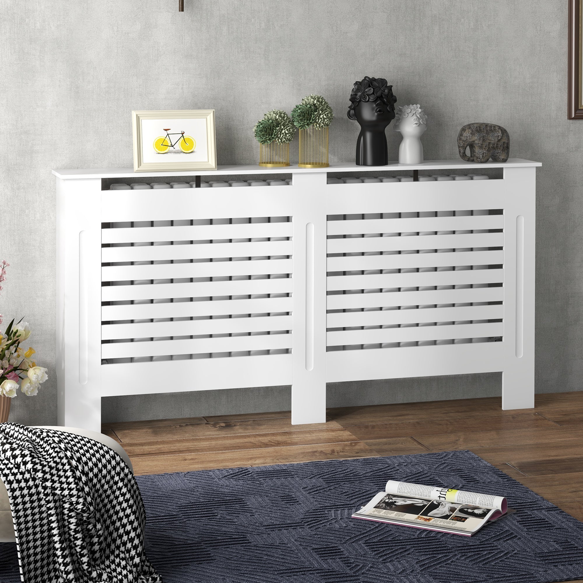 Slatted Radiator Cover with Storage Shelf, Wooden, 152x19x81 cm, White