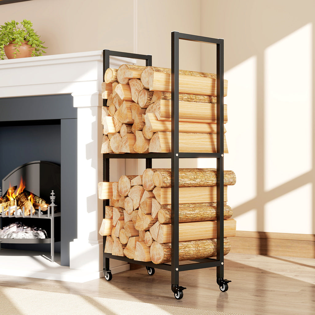 Outsunny Two-Tier Indoor and Outdoor Log Rack with Reinforced Steel Wheels, 60x30x119 cm, Black