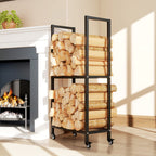 Outsunny Two-Tier Indoor and Outdoor Log Rack with Reinforced Steel Wheels, 60x30x119 cm, Black