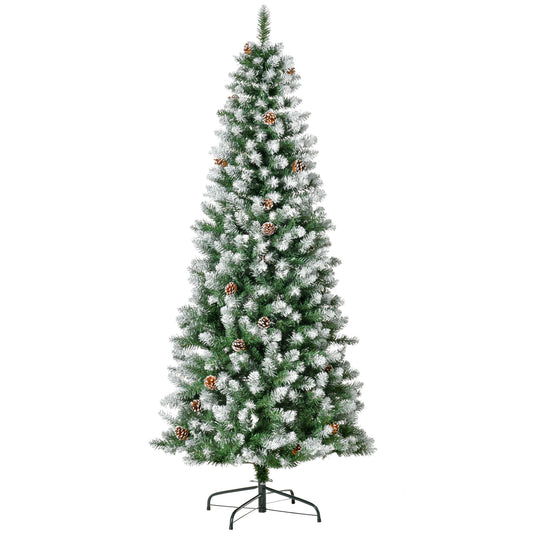 Snowy Christmas Tree 180cm with 630 Branches and 37 Pine Cones, in Plastic and Metal, Green and White