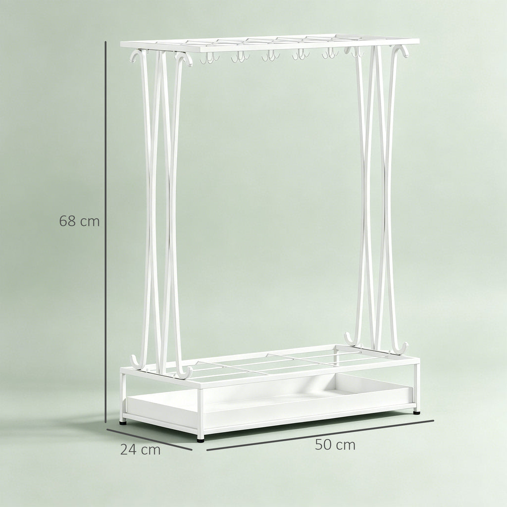 HOMCOM Umbrella Stand with Water Tray, 21 Holes and 24 Umbrella Hooks, Steel, 50x24x68 cm, White