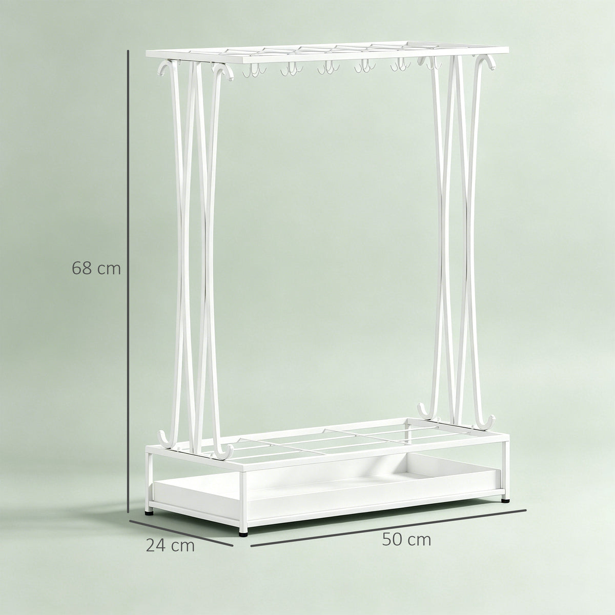 HOMCOM Umbrella Stand with Water Tray, 21 Holes and 24 Umbrella Hooks, Steel, 50x24x68 cm, White