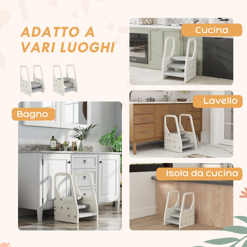 Children's Step Stool 2-5 Years 3 Steps in HDPE, 43x42x65.5 cm, Grey and Cream White