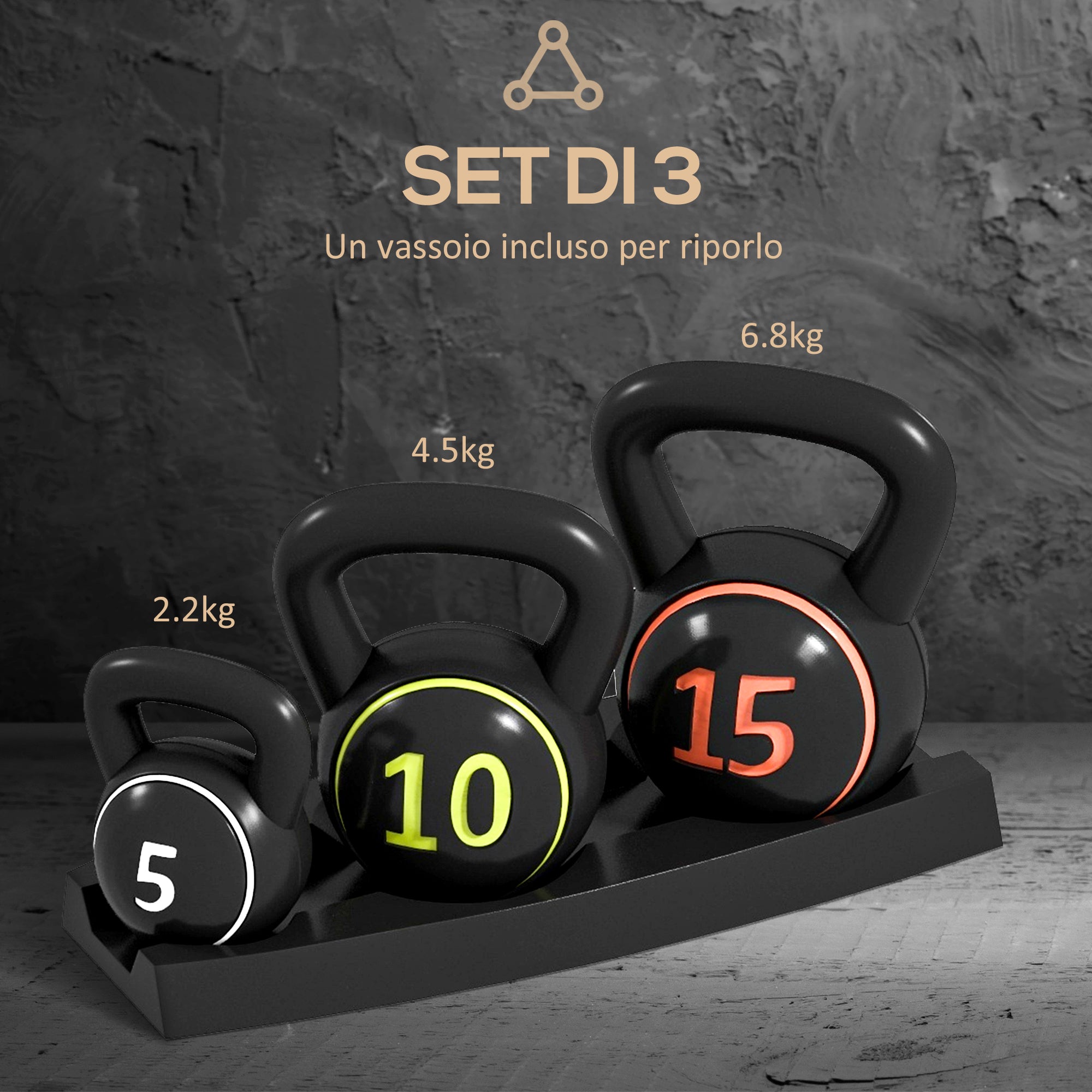 SPORTNOW Set of 3 Kettlebells of 2.2 kg, 4.5 kg and 6.8 kg with Flat Base and Weight Holder, in Plastic and Sand, Black