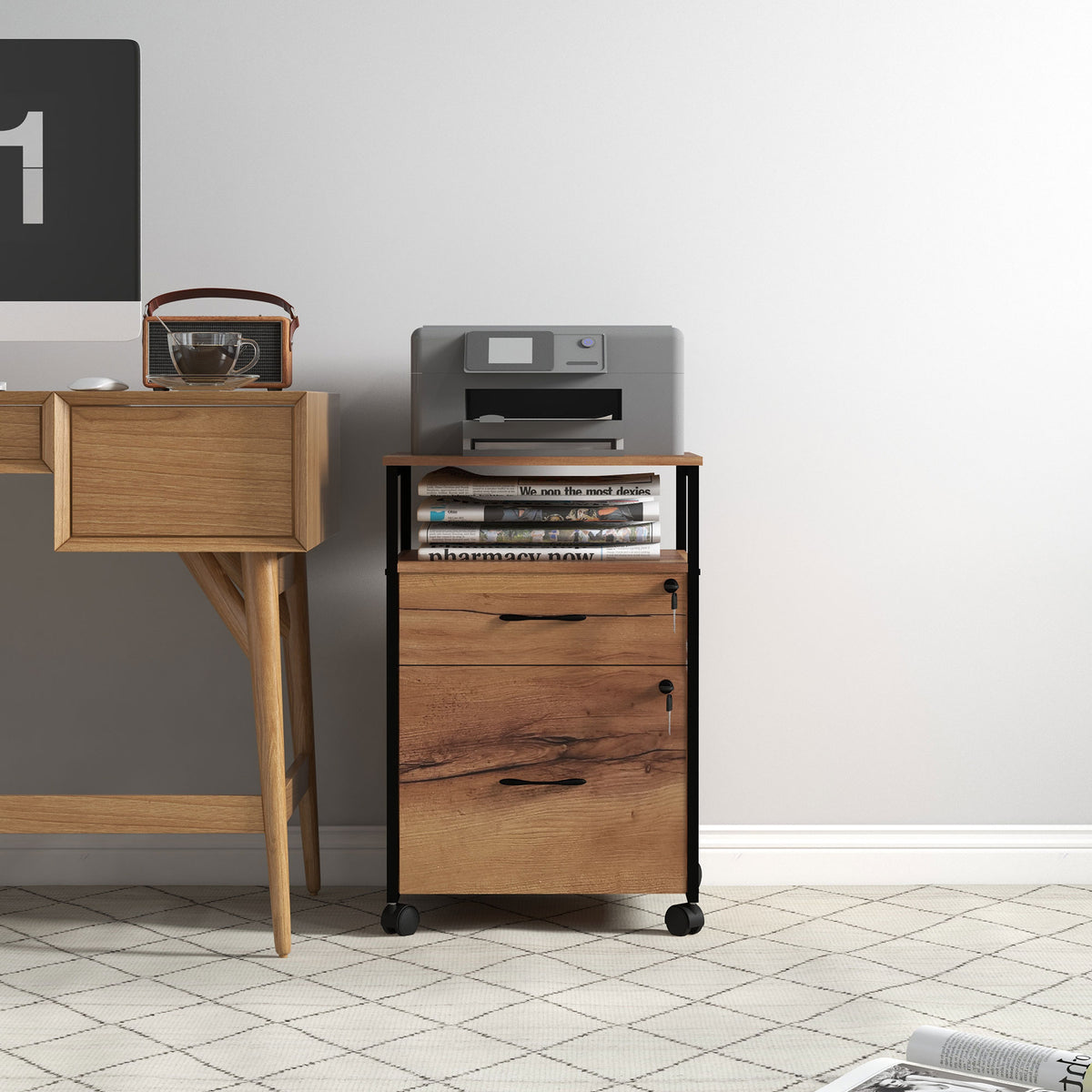 Vinsetto Office Drawer Cabinet with 2 Lockable Drawers, Mobile with Wheels and Bar for A4 and Letter Folders, 44 x 40 x 66.5 cm, Rustic Brown