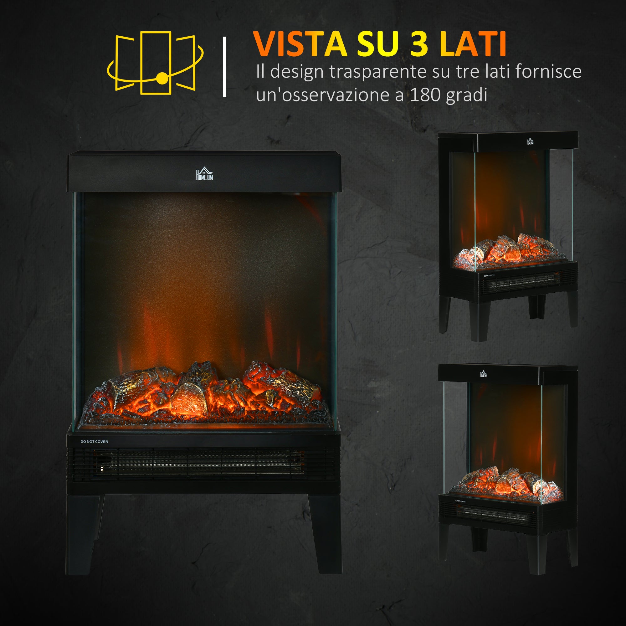 1000W / 2000W Electric Fireplace with Realistic LED Flame and Temperature Control, 40.5x20x62 cm, Black