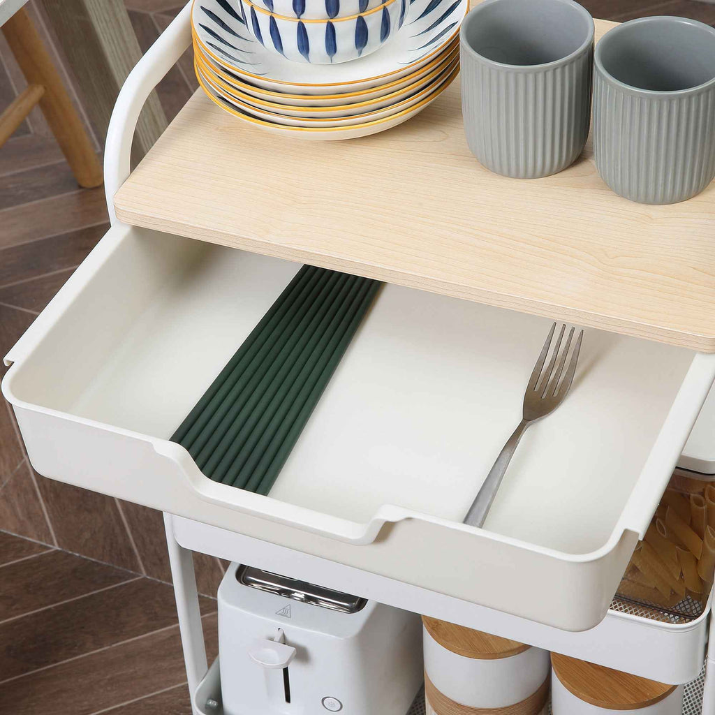 HOMCOM Multipurpose Kitchen Cart with Swivel Wheels, 2 Baskets, Drawer and Wooden Top, White