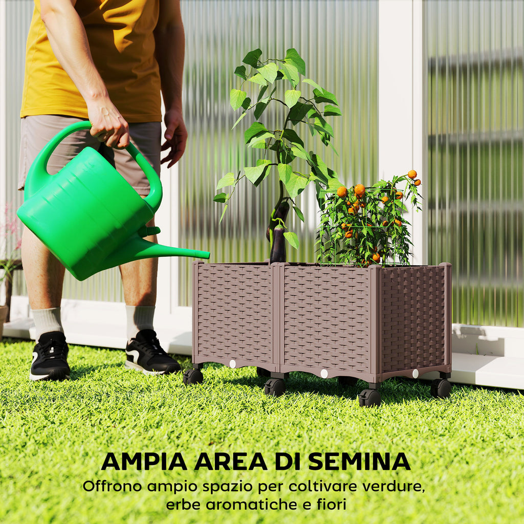 Outsunny 85L Raised Planter with Lockable Wheels, Self-Watering and Drainage Holes, Brown