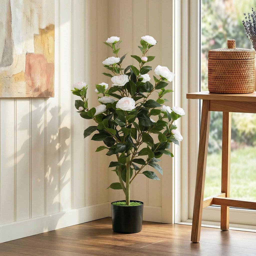 HOMCOM Artificial Camellia Plant with Realistic Flowers, 176 PEVA Leaves and Black Cement-Filled PP Pot, White