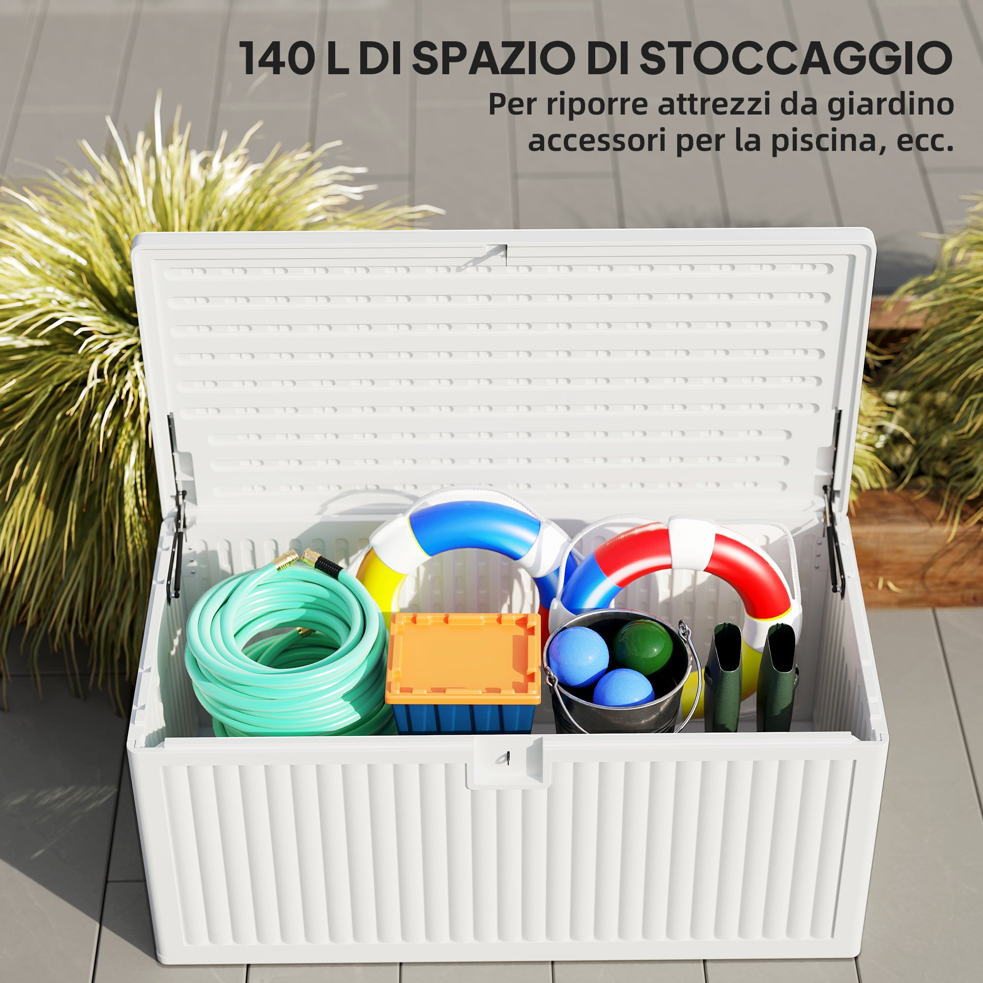 140L Outdoor Trunk in Waterproof and Grooved PE, 140x68x68 cm, White