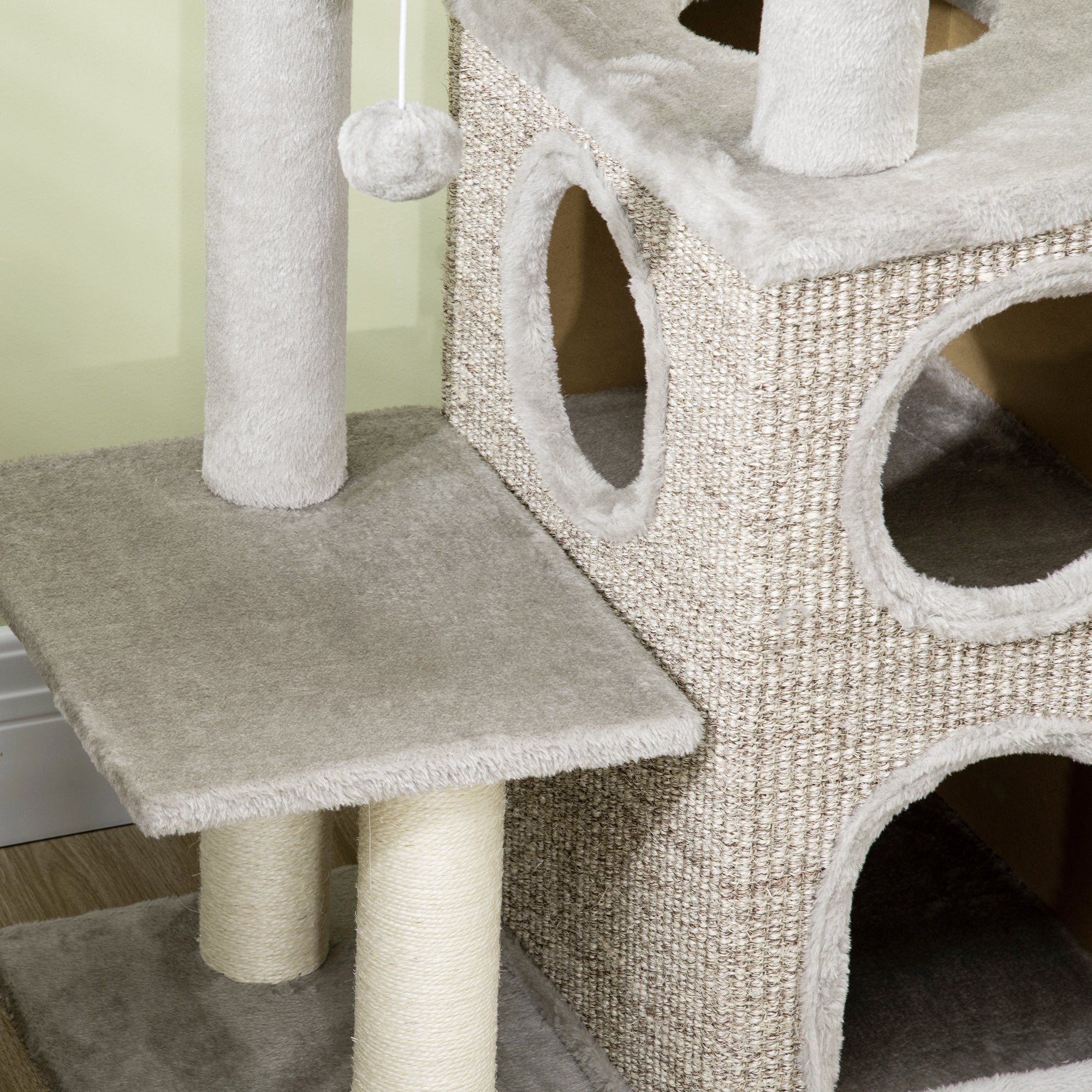 Cat Scratching Post for Cats up to 5kg with Bed and Play Ball, Made of Chipboard, Plush and Sisal, 60x40x91 cm