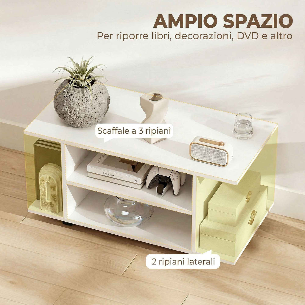 HOMCOM Modern TV Stand with Shelves, Swivel Wheels and Brakes, 80x40x40 cm, White
