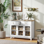 Kitchen Sideboard Cabinet Buffet with Glass Doors, 100x35x80.3 cm, White and Oak