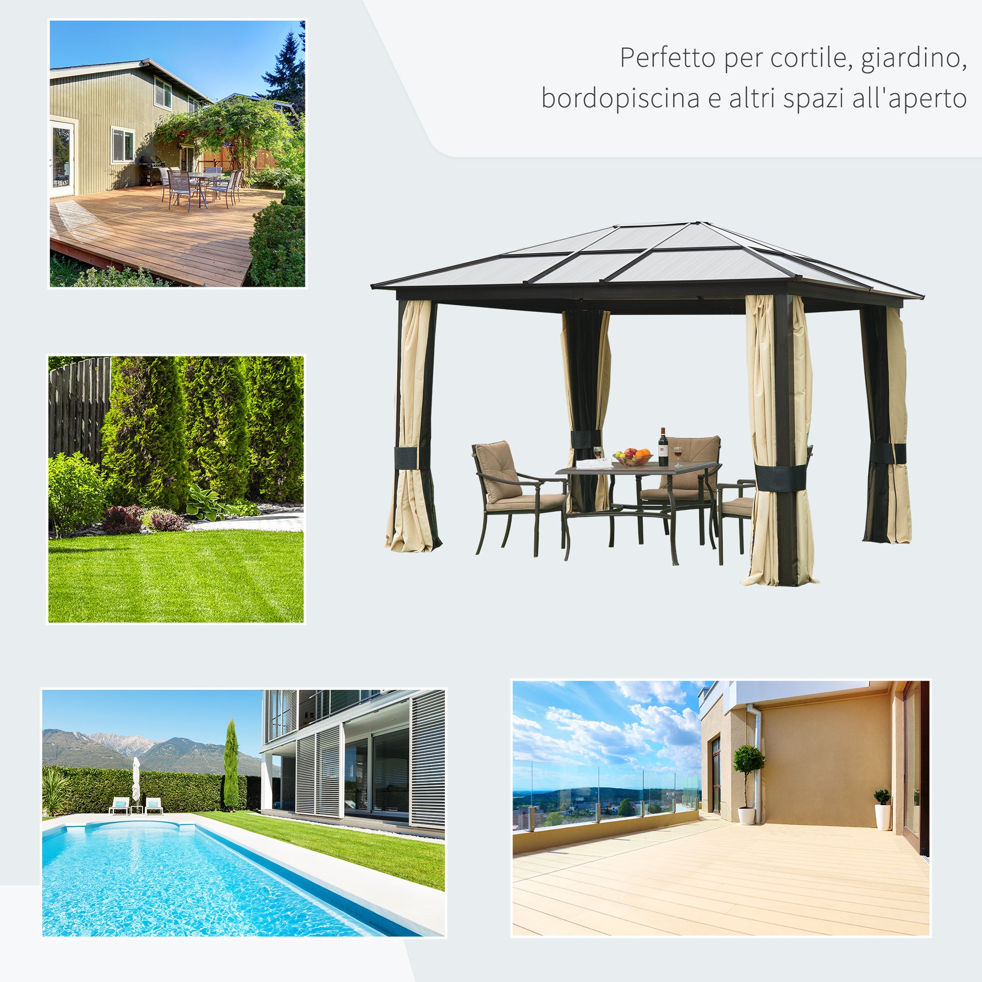 Garden Gazebo 3x3.6m in Aluminum with Mosquito Net and Polycarbonate Roof