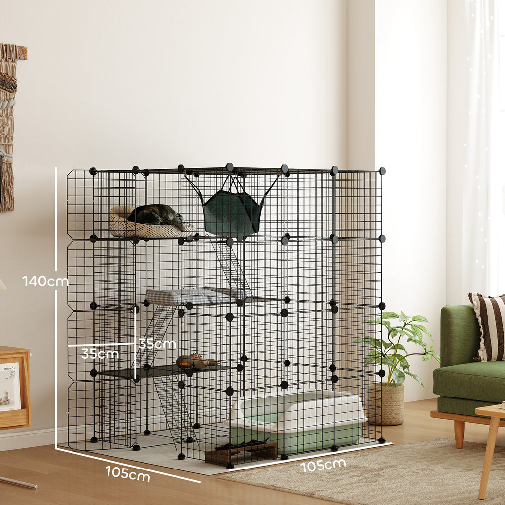 Modular 4-Tier Cat Cage with Platforms, Ramps and 5 Doors, Steel and PP, 105x105x140 cm, Black
