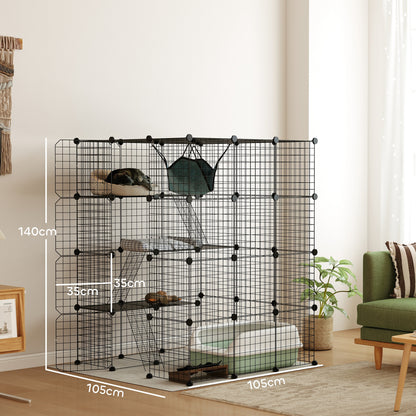 Modular 4-Tier Cat Cage with Platforms, Ramps and 5 Doors, Steel and PP, 105x105x140 cm, Black