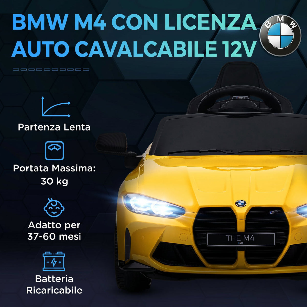 AIYAPLAY Licensed BMW M4 Electric Ride-On Toy Car for Kids with Remote Control, Horn and Headlights, 108x69.5x51 cm, Yellow