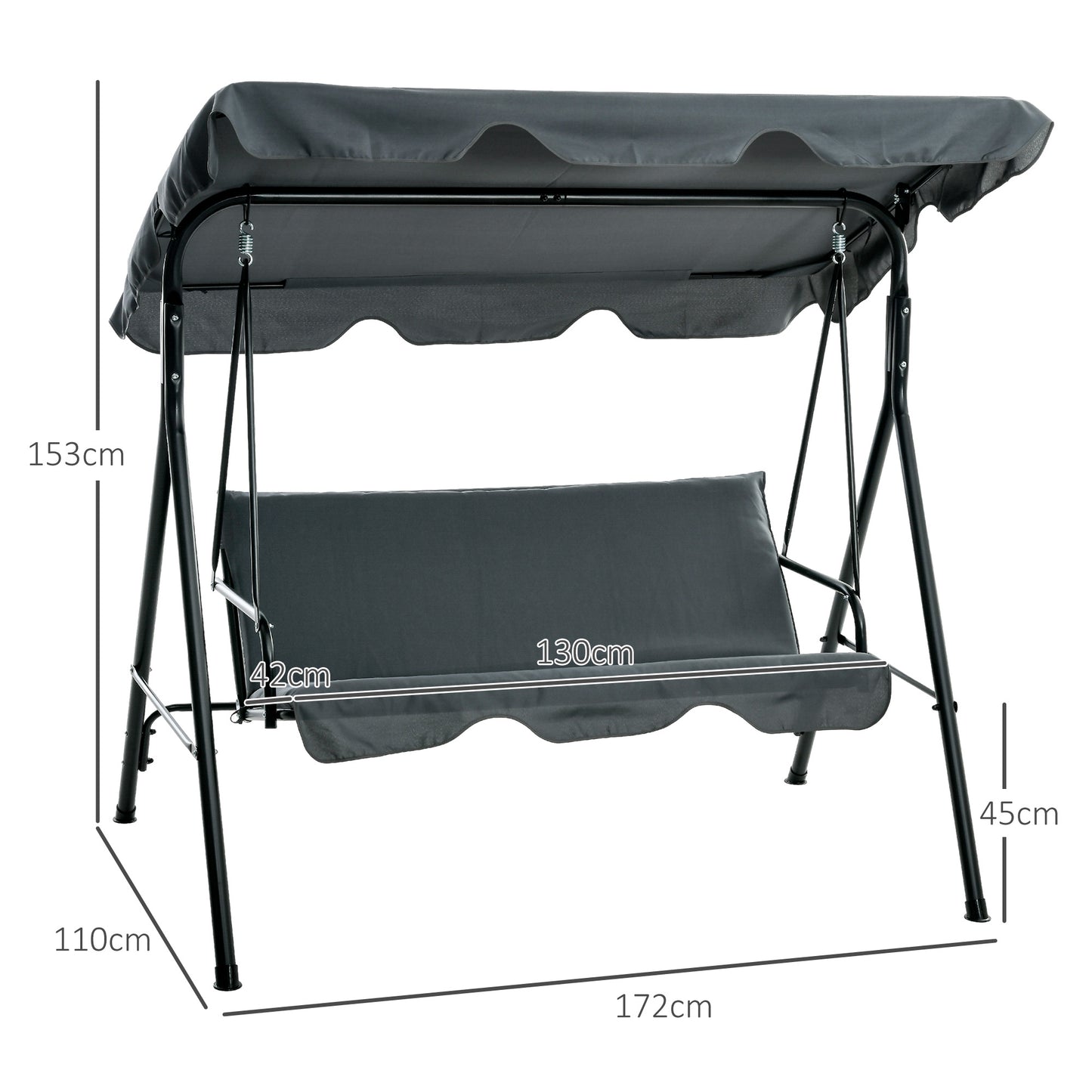 3-seater swing with adjustable canopy and cushions, in steel and polyester, 172x110x153 cm, gray - Borgè