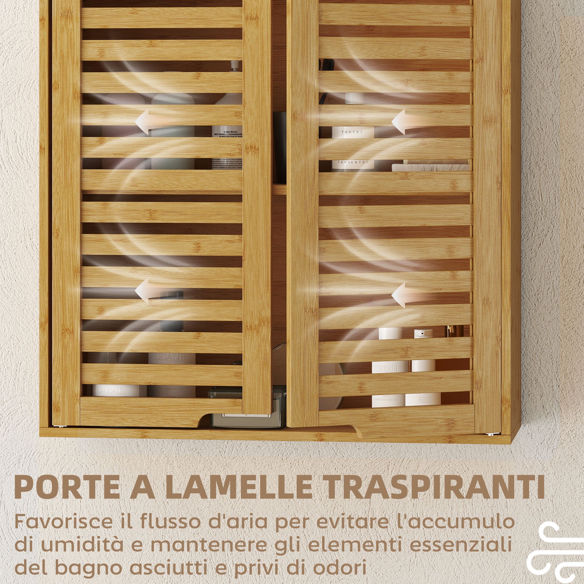 Bathroom Cabinet with Adjustable Internal Shelf and Shutter Doors, Bamboo, 60x20x60 cm, Wood Color