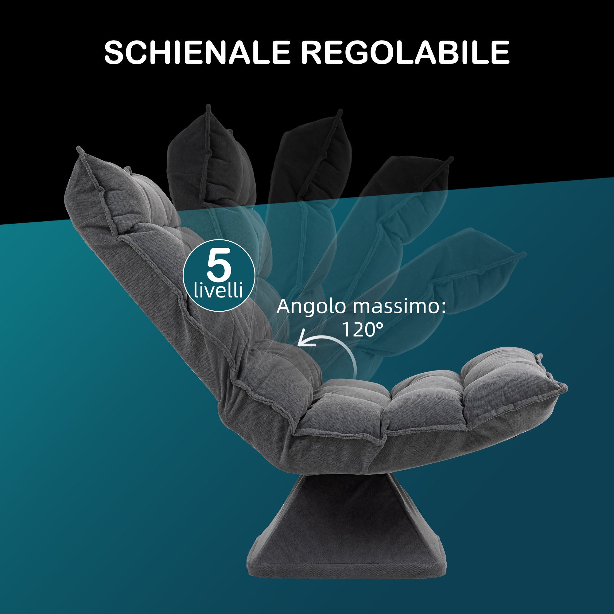 Velvet Swivel Lounge Chair with 5-Position Adjustable Backrest, 62x70x95 cm, Grey