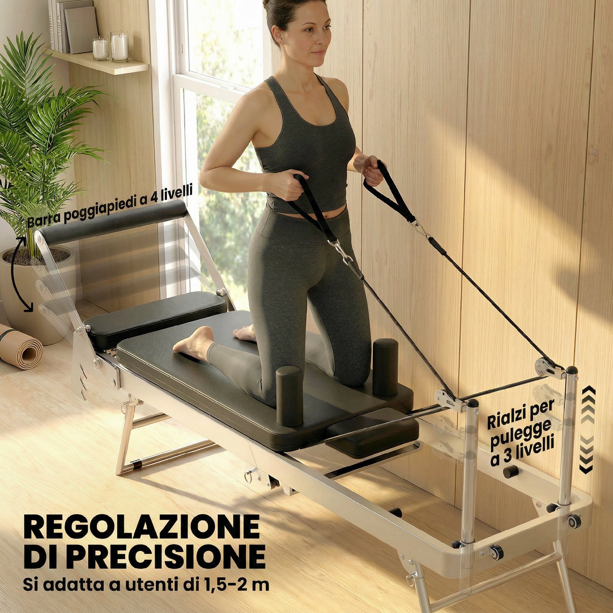 SPORTNOW Folding Pilates Reformer for Home with 2 Resistance Bands