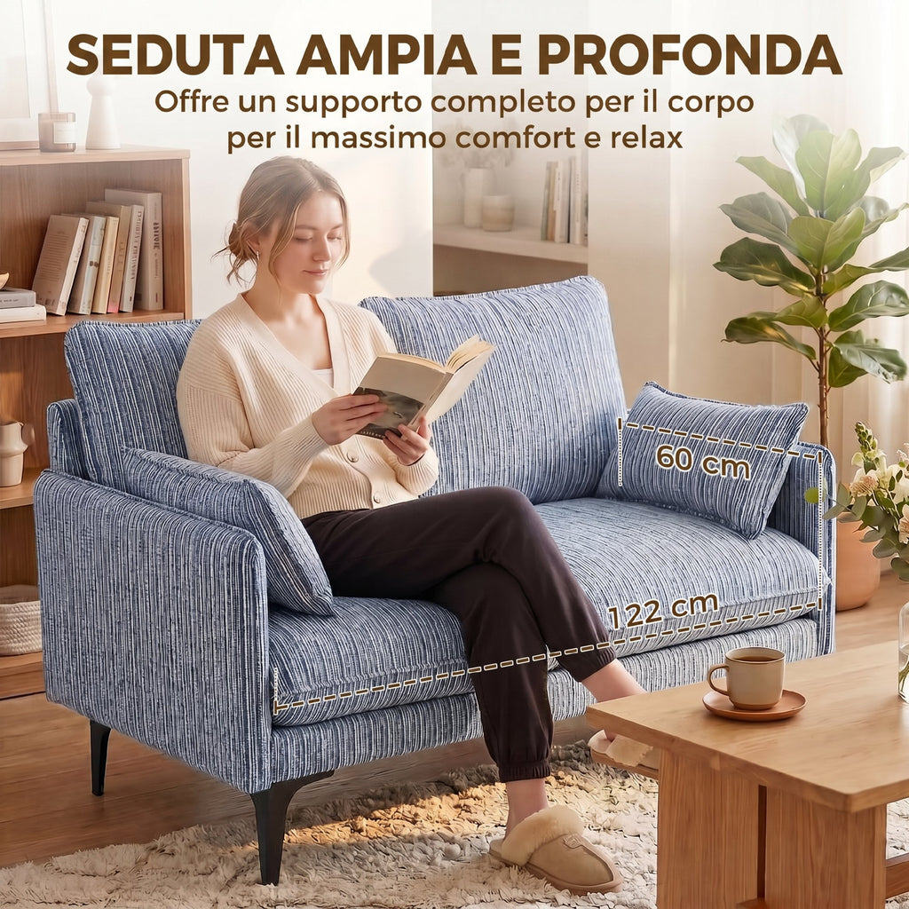 HOMCOM 2-Seater Fabric Sofa with Armrests, Thick Padding and 2 Cushions, 131x78x83 cm, Blue