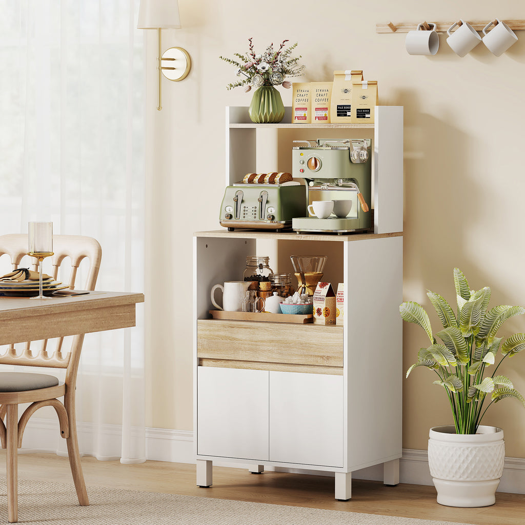 Wooden Microwave Cabinet with Shelf, Open Shelf, Drawer and Cabinet, 60x40x131 cm, White