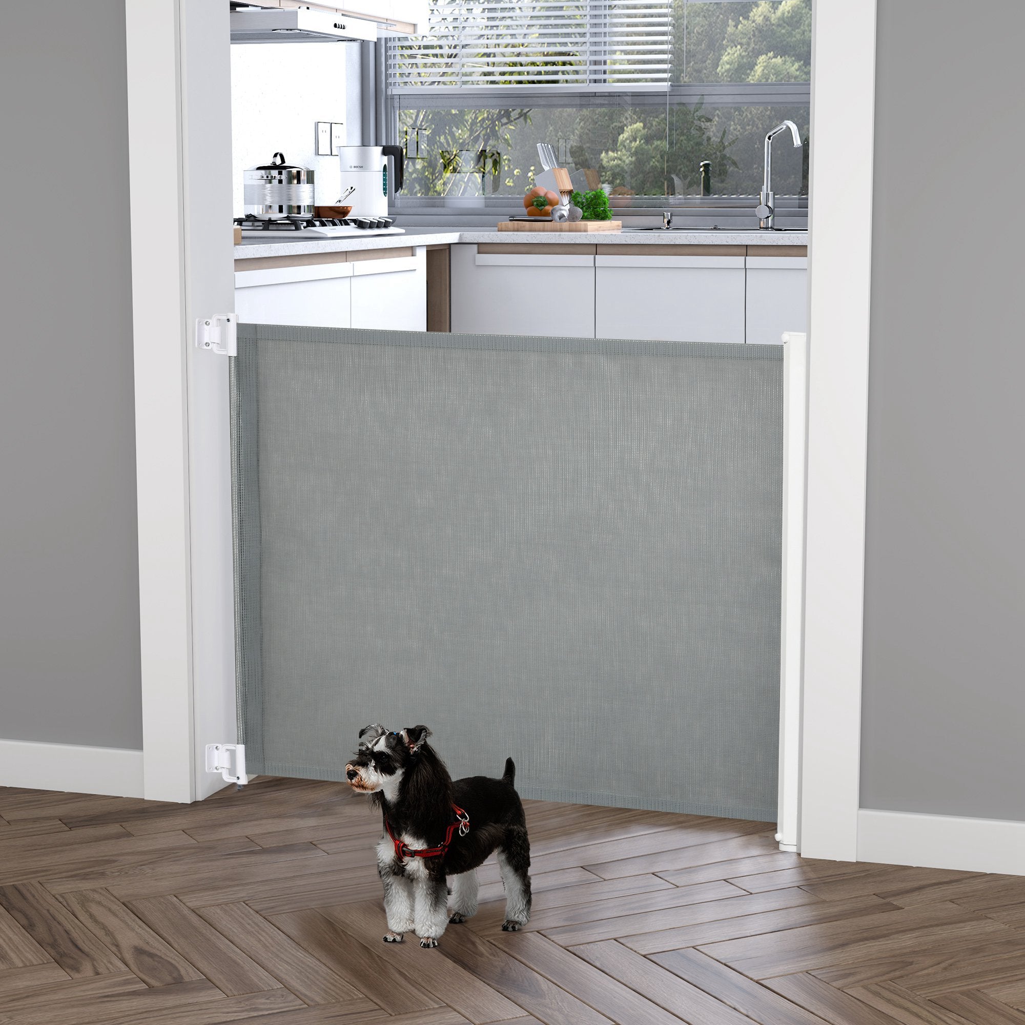 Dog Gate, Extendable up to 115 cm, Polyester and Steel, 115 x 82.5 cm, White and Grey