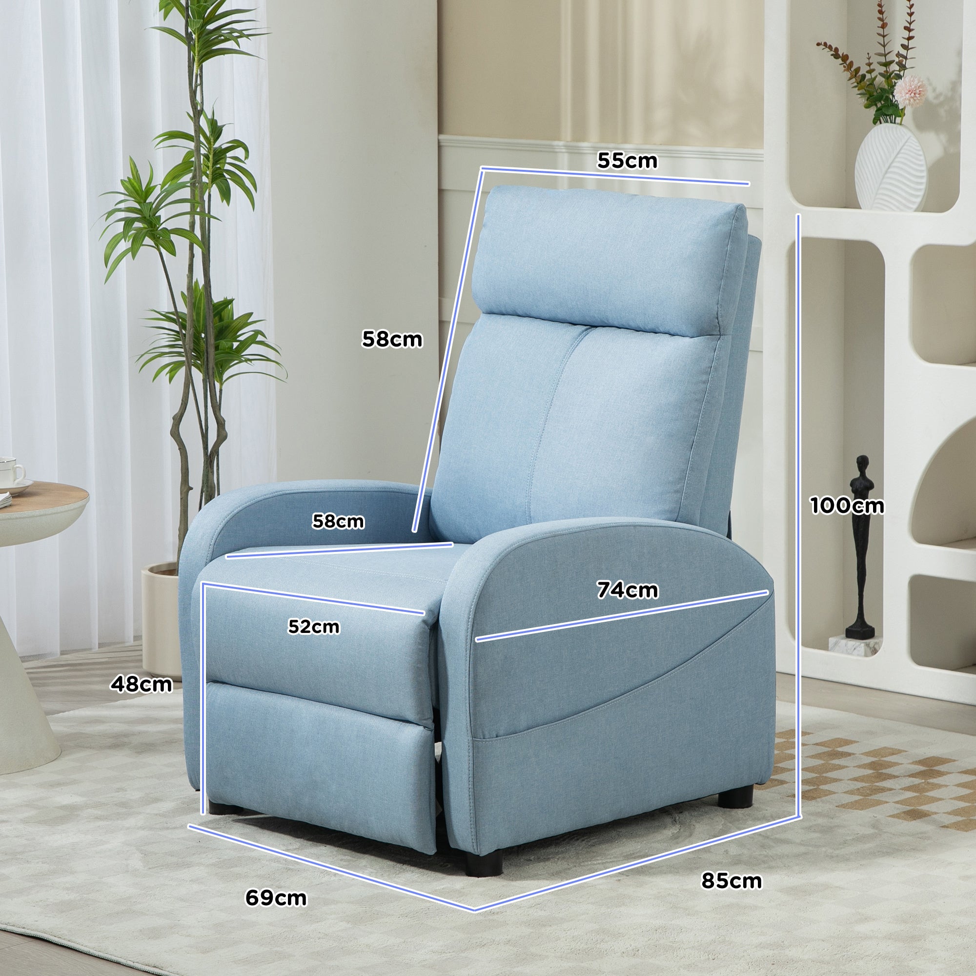 Reclining Relax Chair with Footrest in Linen Effect Fabric, 69x85x100 cm, Blue