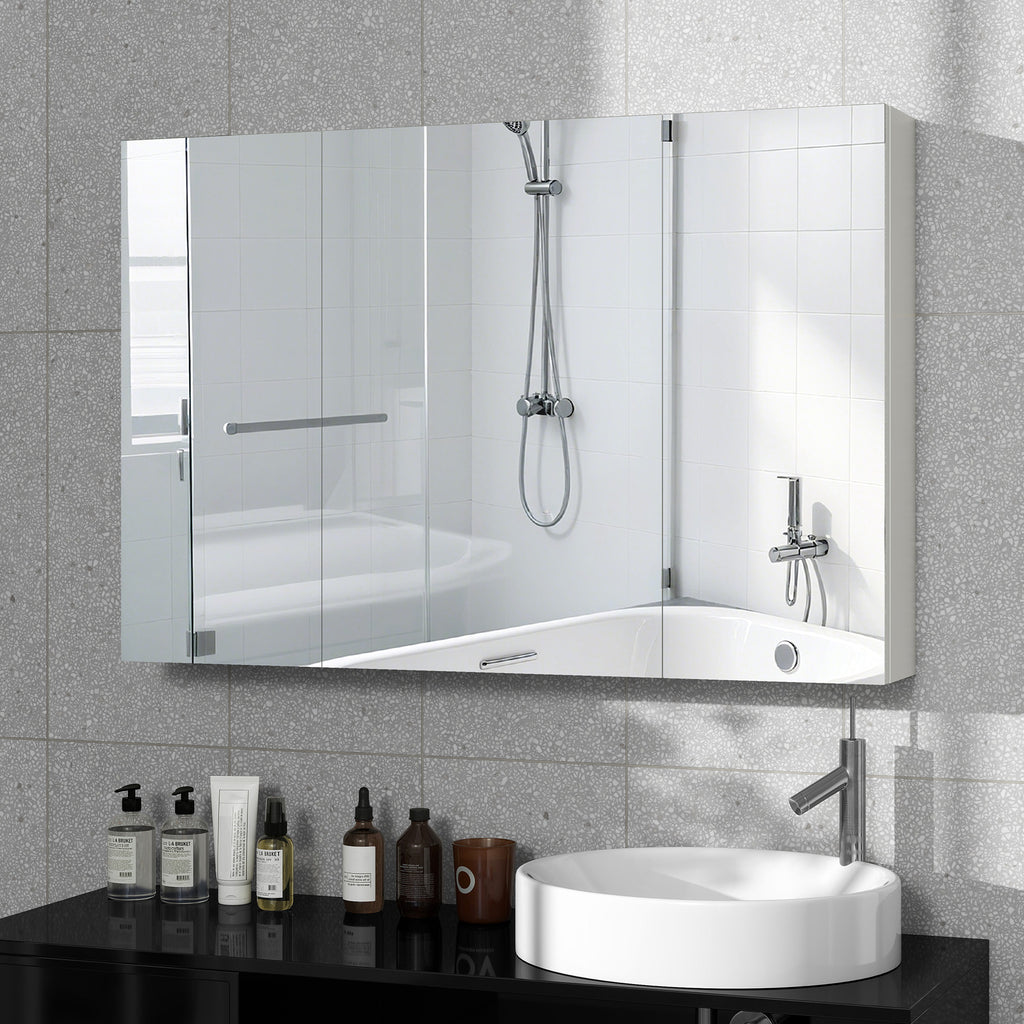 kleankin Bathroom Wall Cabinet with 3 Mirrored Doors and Adjustable Wooden Shelves 90x13.5x60 cm, White