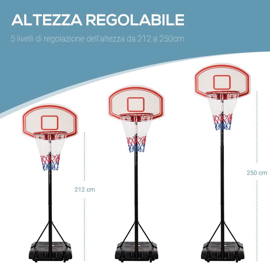 Basketball Hoop, 5-Level Adjustable Height 175-215cm, Metal Frame and Fillable Base with Wheels, PE Backboard