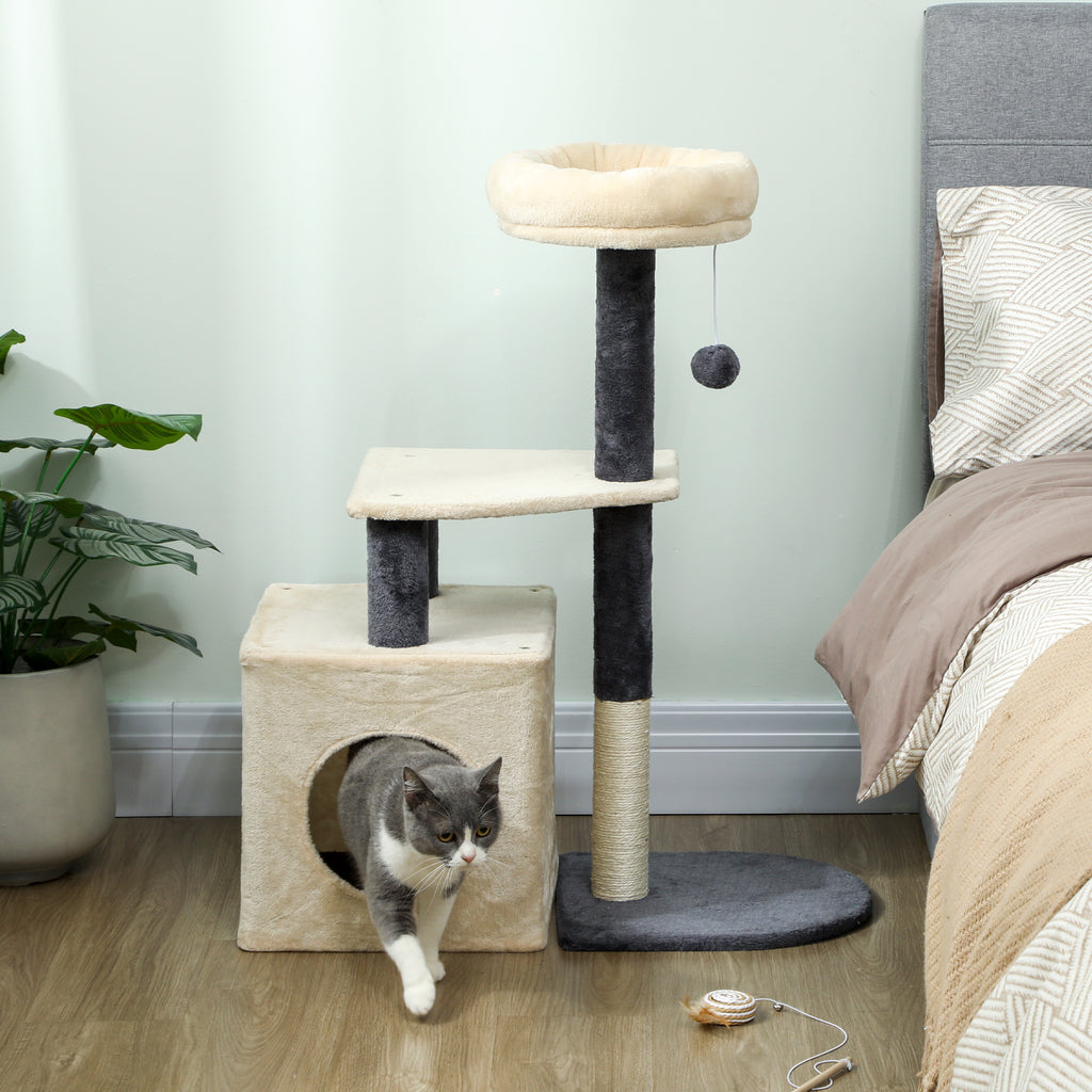 92cm Cat Tree with House, Bed, Sisal Posts and Ball, Cream White