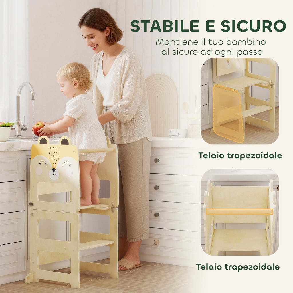 AIYAPLAY Montessori Tower for Children 2-5 Years with Blackboard and Table, Wooden, 57x39x93 cm, Wood Color