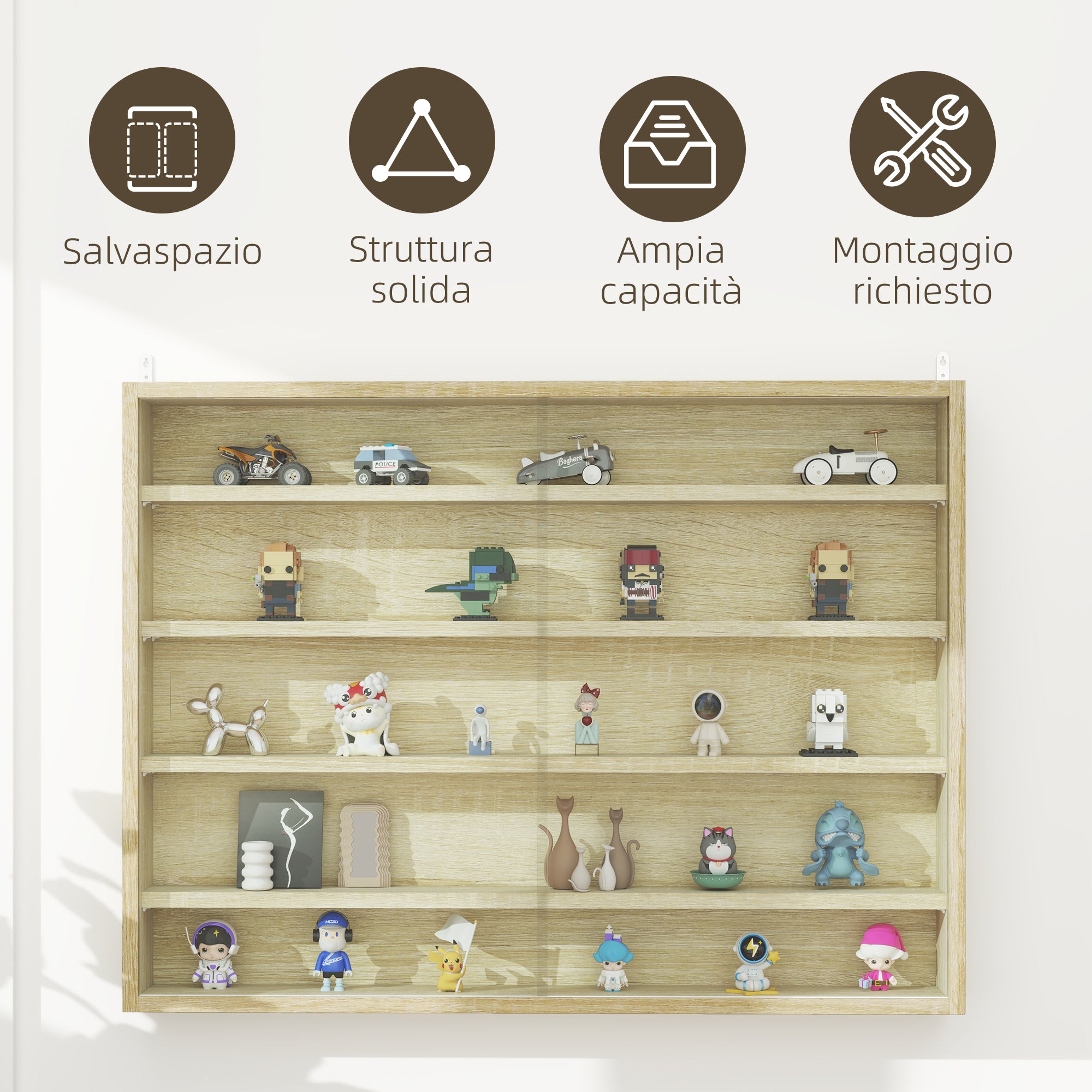 5-Tier Adjustable Wooden Notice Board with Glass Doors, 80x9.5x60 cm, Wood Color