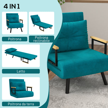 Velvet Turquoise  3 in 1 Sofa Bed with 5-Position Reclining Backrest and Cushion, 63x73x81 cm, Turquoise