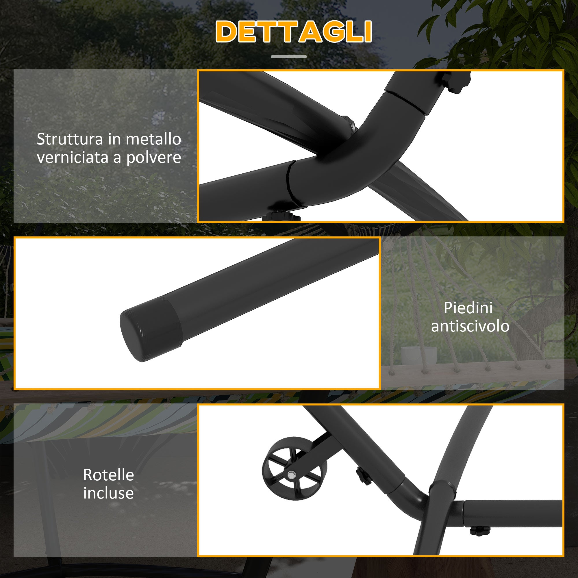 Outsunny Hammock Stand, 330 cm Max, with 6 Holes and Wheels, Metal, 290 x 120 x 115 cm, Black