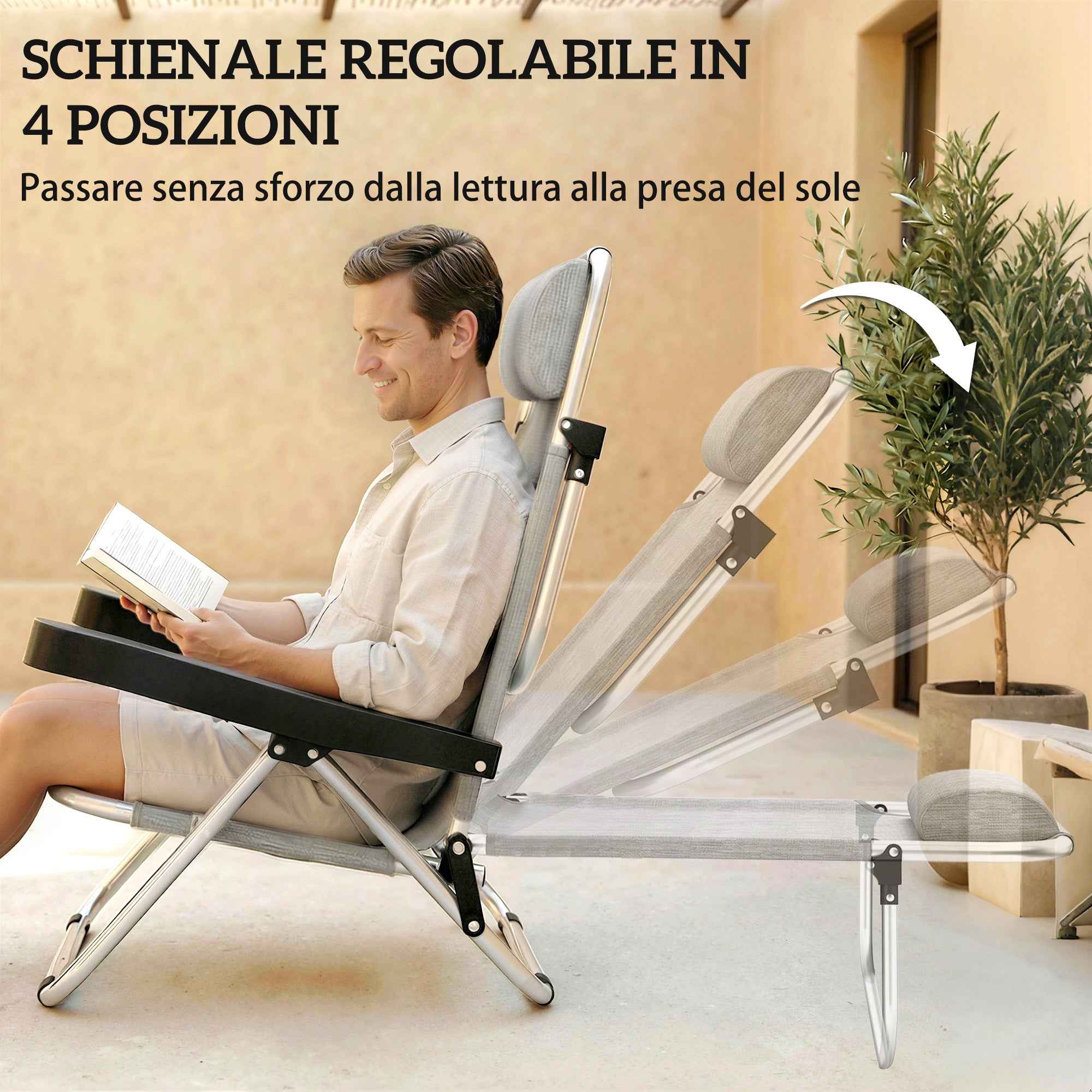 Outsunny Set of 2 Folding and Reclining 4-Position Deck Chairs with Headrest, Aluminum, 62x61x80 cm, Gray